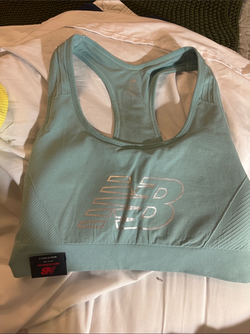 New Balance Seafoam Racerback Sports Bra with Metallic Logo